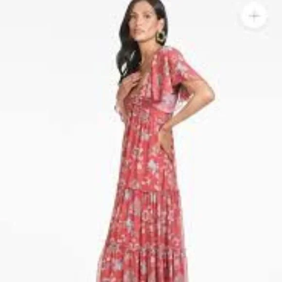 Sachin + Babi Floral Kara tiered chiffon empire sweetheart neck Maxi dress red - Picture 6 of 6